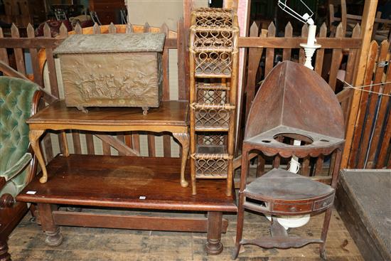 2 coffee table, log box, corner washstand, standard lamp & bamboo open bookcase